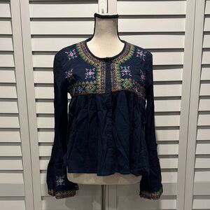 Kas New York Boho Chic Embroidered Navy Blouse.